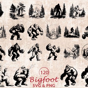Puede incluir: Una colección de gráficos SVG y PNG con temática de Bigfoot. Las imágenes presentan diversas representaciones de Bigfoot en diferentes poses, incluyendo siluetas, ilustraciones con árboles y Bigfoot montando en bicicleta. También se incluye el texto "(120) Bigfoot SVG & PNG".