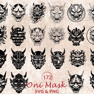 Oni Mask Silhouette SVG PNG, Japanese Demon Clipart for Cricut Samurai Vector