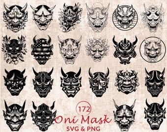Silueta de máscara Oni SVG PNG, imágenes prediseñadas de demonio japonés para Cricut Samurai Vector