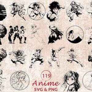 May include: A collection of 19 black and white anime-style illustrations. The images feature various characters in dynamic poses, some within circular frames. The text "(119) Anime SVG & PNG" is also present.