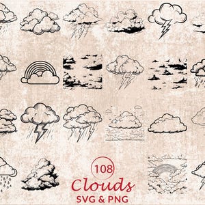 May include: A set of 108 cloud-themed SVG and PNG graphics in black and white. The illustrations include various cloud formations, lightning bolts, rainbows, and rain. The text "Clouds SVG & PNG" is also included.