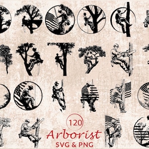 Puede incluir: Una colección de arboristas en blanco y negro en varias poses, trepando árboles y trabajando con motosierras. Algunas imágenes incluyen la bandera estadounidense. También está presente el texto "Arborist SVG & PNG".