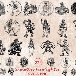 Op de afbeelding: Een verzameling zwart-wit illustraties met skeletbrandweerlieden in verschillende poses. Sommigen houden gereedschappen vast zoals bijlen en fakkels, terwijl anderen zich in de buurt van brandweerwagens bevinden. De tekst "Skeleton Firefighter SVG & PNG" is ook aanwezig.
