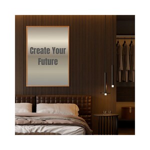 May include: A bedroom scene featuring a bed with a brown leather headboard and a framed artwork on the wall. The artwork displays the text "Create Your Future". The room has a modern design with dark wood paneling and a minimalist aesthetic.