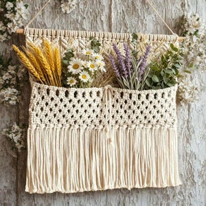 Può includere: Un arazzo in macramè color crema con un design a tasca intrecciata e lunghe frange sul fondo. La tasca è riempita con steli di grano giallo essiccato, margherite bianche con centro giallo, rametti di lavanda viola e foglie di eucalipto verde.