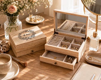 Boîte à bijoux en bois gravée personnalisée, organisateur de bijoux personnalisé, cadeaux de mariage pour elle, cadeau de Saint-Valentin pour maman, cadeau personnalisé pour maman