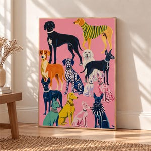 May include: A rectangular wall art print featuring a vibrant pink background populated by a collection of various dog breeds. The dogs are depicted in diverse colors, including black, yellow, white, and teal, with some wearing collars or sweaters.