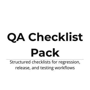 May include: A white background with the text "QA RESOURCE" at the top. The text "QA Checklist Pack" is in bold, large font. Below, it reads "Structured checklists for regression, release, and testing workflows."