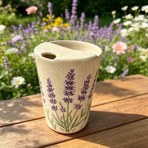 Puede incluir: Un vaso de cerámica beige con un diseño de lavanda. El vaso tiene una parte superior curvada con una pequeña abertura. El diseño de lavanda incluye flores moradas y tallos verdes. El vaso está sobre una superficie de madera.