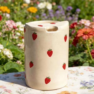 Handmålad jordgubbsmugg, handgjord keramikmugg med kaffe, keramikmugg att ta med, födelsedags- och högtidspresent till henne