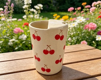 Hand-Painted Ceramic Cherry Travel Mug, Handmade Pottery Sip Cup