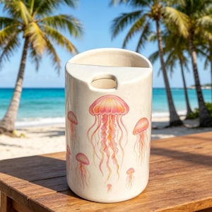 May include: A cream-coloured ceramic utensil holder with a curved top and a handle. The holder is decorated with pink and orange jellyfish illustrations. The background shows a beach scene with palm trees and the ocean.