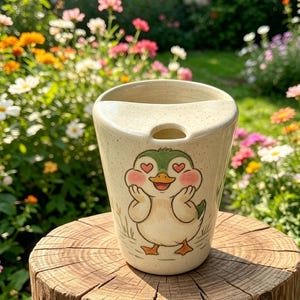 May include: A speckled cream-colored ceramic travel mug featuring a hand-painted illustration of a duck with heart-shaped eyes and pink cheeks. The mug has a wide, curved rim with a circular opening for drinking and a tapered cylindrical body.