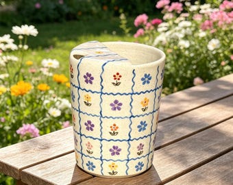 Handmade Ceramic Floral Travel Mug, Pottery Coffee Tumbler, To-Go Cup