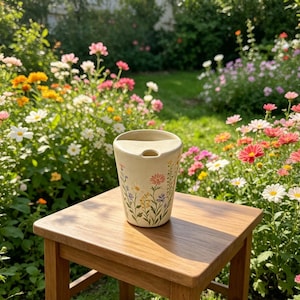 May include: A beige ceramic travel mug with a floral design featuring pink, yellow, and purple flowers. The mug has a built-in lid with a drinking hole and is set on a small wooden table in a garden setting.