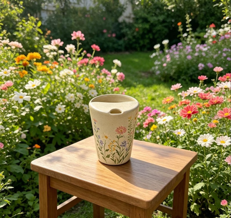 May include: A beige ceramic travel mug with a floral design featuring pink, yellow, and purple flowers. The mug has a built-in lid with a drinking hole and is set on a small wooden table in a garden setting.