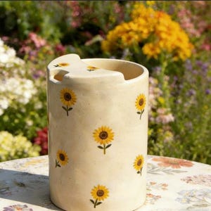 Pode incluir: Um vaso cilíndrico de cerâmica esbranquiçada decorado com girassóis amarelos. O vaso tem um topo curvo com um recorte e está sobre uma superfície com padrão floral. O fundo apresenta um jardim com flores coloridas.