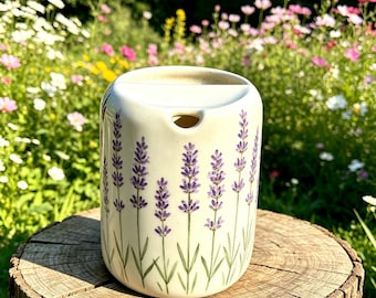 Hand-Painted Ceramic Travel Mug, Lavender Floral Sip Cup, Handmade Pottery Coffee Tumbler