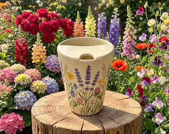 Handgemachter Blumen Reisebecher aus Keramik, Keramik Kaffeebecher, To-Go-Tasse