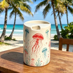 May include: A cylindrical ceramic container with a cream-colored base, adorned with illustrations of red, blue, and pink jellyfish. The container has a rectangular opening at the top and is decorated with aquatic plants. The background shows a beach scene.