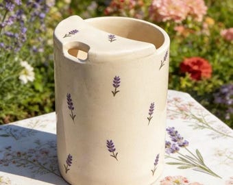 Handbemalter Keramik Reisebecher, Lavendel Blumen Schlucktasse, Handgefertigter Keramik Kaffeebecher