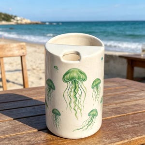 May include: A cylindrical, off-white ceramic vase with a curved top and a cutout. The vase is adorned with hand-painted green jellyfish designs. The background shows a beach scene with the ocean and a wooden table.