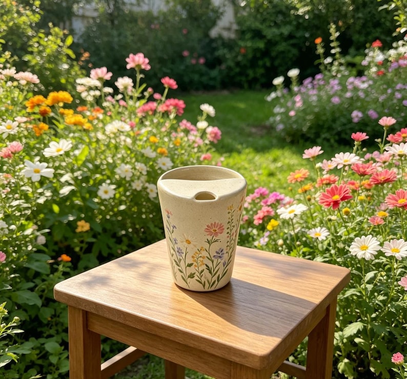 Handmade Ceramic Floral Travel Mug, Pottery Coffee Tumbler, To-Go Cup image 5