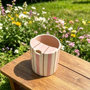 Puede incluir: Un recipiente de cer&aacute;mica a rayas rosas y blancas. Tiene una parte superior curvada con un peque&ntilde;o agujero y est&aacute; sobre una superficie de madera. El fondo muestra un jard&iacute;n vibrante con flores coloridas. Aproximadamente 10 cm de alto.