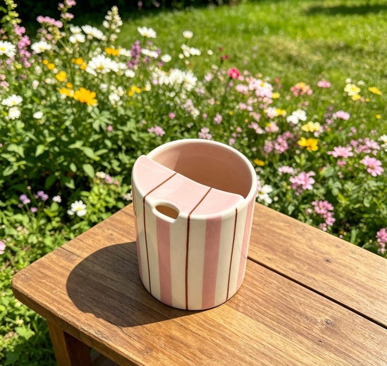 Puede incluir: Un recipiente de cer&aacute;mica a rayas rosas y blancas. Tiene una parte superior curvada con un peque&ntilde;o agujero y est&aacute; sobre una superficie de madera. El fondo muestra un jard&iacute;n vibrante con flores coloridas. Aproximadamente 10 cm de alto.