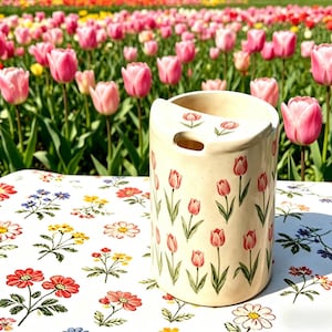 May include: A cream-colored ceramic vase with a tulip design. The vase has a curved top with a handle and is decorated with red tulips and green stems. The vase is sitting on a floral patterned tablecloth, with a field of pink tulips in the background.