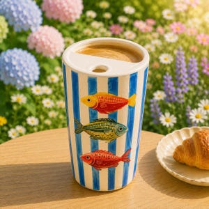 May include: A ceramic travel mug with a white and blue vertical striped pattern featuring three painted fish in orange, green, and red. The mug has a white lid with a circular opening and is filled with coffee, sitting next to a golden brown croissant.