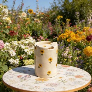 May include: A cream-colored ceramic tumbler with a sunflower pattern. The tumbler has a curved handle and is sitting on a round table with a floral design. The background is a colorful garden with various flowers.