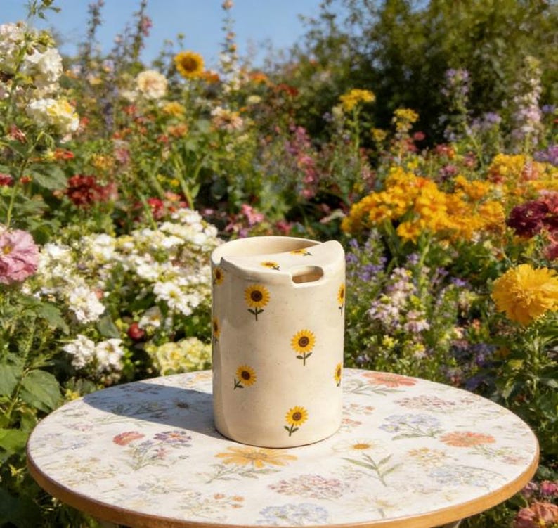May include: A cream-colored ceramic tumbler with a sunflower pattern. The tumbler has a curved handle and is sitting on a round table with a floral design. The background is a colorful garden with various flowers.