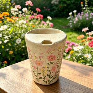 Op de afbeelding: Een beige keramische vaas met een bloemenontwerp met roze en gele bloemen. De vaas heeft een unieke gebogen bovenkant met een kleine opening. De vaas staat op een houten oppervlak.