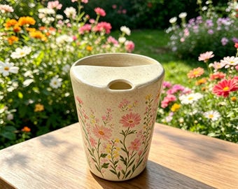 Handgemachter Blumen Reisebecher aus Keramik, Keramik Kaffeebecher, To-Go-Tasse