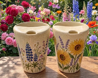 Handgemachter Blumen Reisebecher aus Keramik, Keramik Kaffeebecher, To-Go-Tasse