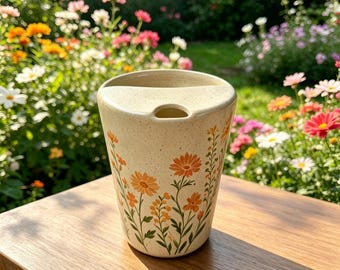 Handgemachter Blumen Reisebecher aus Keramik, Keramik Kaffeebecher, To-Go-Tasse