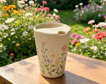 Tazza da viaggio in ceramica fatta a mano con decorazioni floreali, bicchiere termico in terracotta, tazza da asporto