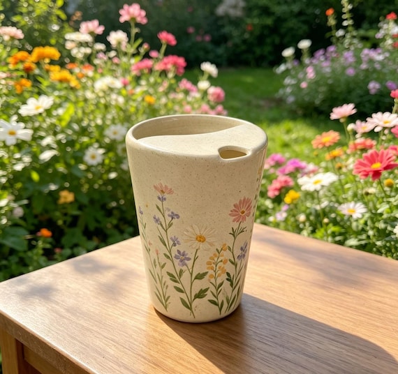 Handmade Ceramic Floral Travel Mug, Pottery Coffee Tumbler, To-Go Cup