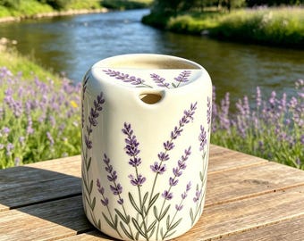 Handbemalter Keramik Reisebecher, Lavendel Blumen Schlucktasse, Handgefertigter Keramik Kaffeebecher
