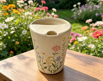 Handgemachter Blumen Reisebecher aus Keramik, Keramik Kaffeebecher, To-Go-Tasse