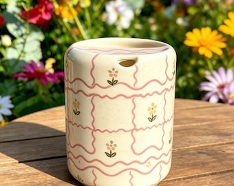 Handmade Ceramic Floral Travel Mug, Pottery Coffee Tumbler, To-Go Cup