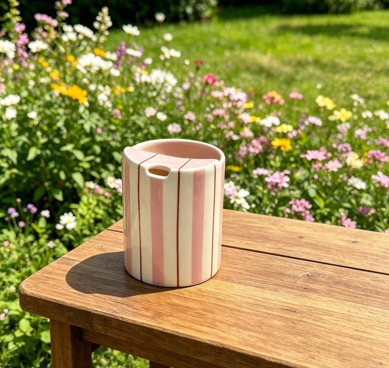 Puede incluir: Un recipiente cil&iacute;ndrico de cer&aacute;mica con rayas verticales rosas y marrones. Est&aacute; sobre una superficie de madera, con un jard&iacute;n lleno de flores coloridas en el fondo. El recipiente tiene una abertura en la parte superior.