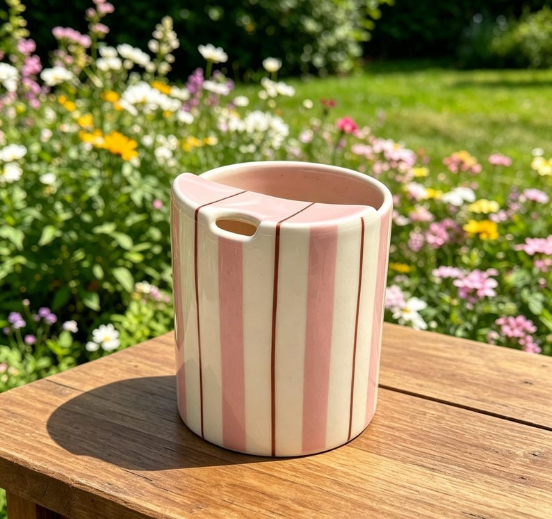 Puede incluir: Un jarr&oacute;n de cer&aacute;mica a rayas rosas y blancas. Tiene una abertura rectangular y una peque&ntilde;a ranura lateral. El jarr&oacute;n est&aacute; sobre una superficie de madera, con un jard&iacute;n al fondo.