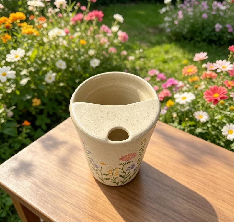 May include: A beige ceramic utensil holder with a floral design. The holder has a curved top and a small hole at the bottom. The floral design includes pink, yellow, and purple flowers with green stems and leaves.