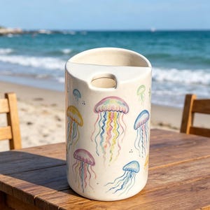 Może przedstawiać: Cylindryczny, kremowy ceramiczny wazon z zakrzywionym wierzchem i otworem przypominającym uchwyt. Wazon zdobią kolorowe akwarelowe ilustracje meduz w różnych rozmiarach i kolorach, w tym żółtym, różowym, niebieskim i tęczowym. Wazon stoi na drewnianym stole.