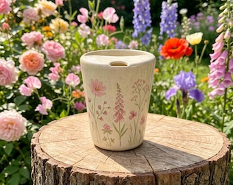 Handgemachter Blumen Reisebecher aus Keramik, Keramik Kaffeebecher, To-Go-Tasse