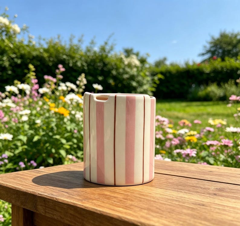Puede incluir: Un jarr&oacute;n cil&iacute;ndrico de cer&aacute;mica con rayas verticales rosas y crema. El jarr&oacute;n tiene una peque&ntilde;a abertura en la parte superior y est&aacute; sobre una superficie de madera. El fondo presenta un jard&iacute;n con flores y vegetaci&oacute;n.