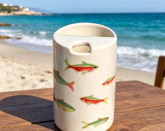 Handmade Ceramic Travel Mug, Hand-Painted Sea Fish Pottery Tumbler with Lid, Mother's Day Gifts