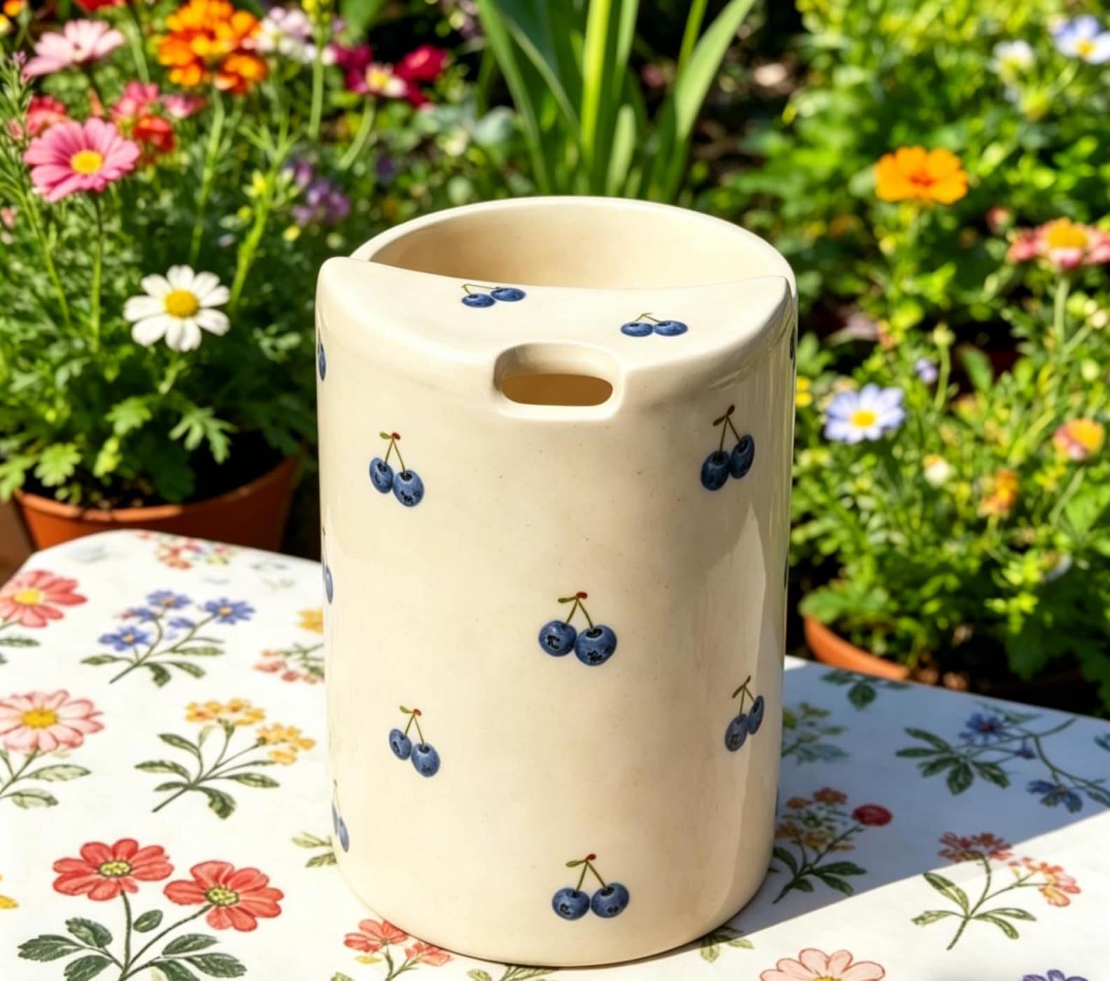 Hand-Painted Ceramic Travel Mug, Blueberry Floral Sip Cup, Fully Handmade Pottery Coffee Tumbler, Birthday & Holiday Gift for Her - 400ML